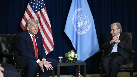 US President Donald Trump holds a bilateral meeting with UN Secretary General Antonio Guterres (R) on the sidelines of the United Nations General Assembly in New York City on September 23, 2025. (Photo by Brendan SMIALOWSKI / AFP) (Photo by BRENDAN SMIALOWSKI/AFP via Getty Images)          