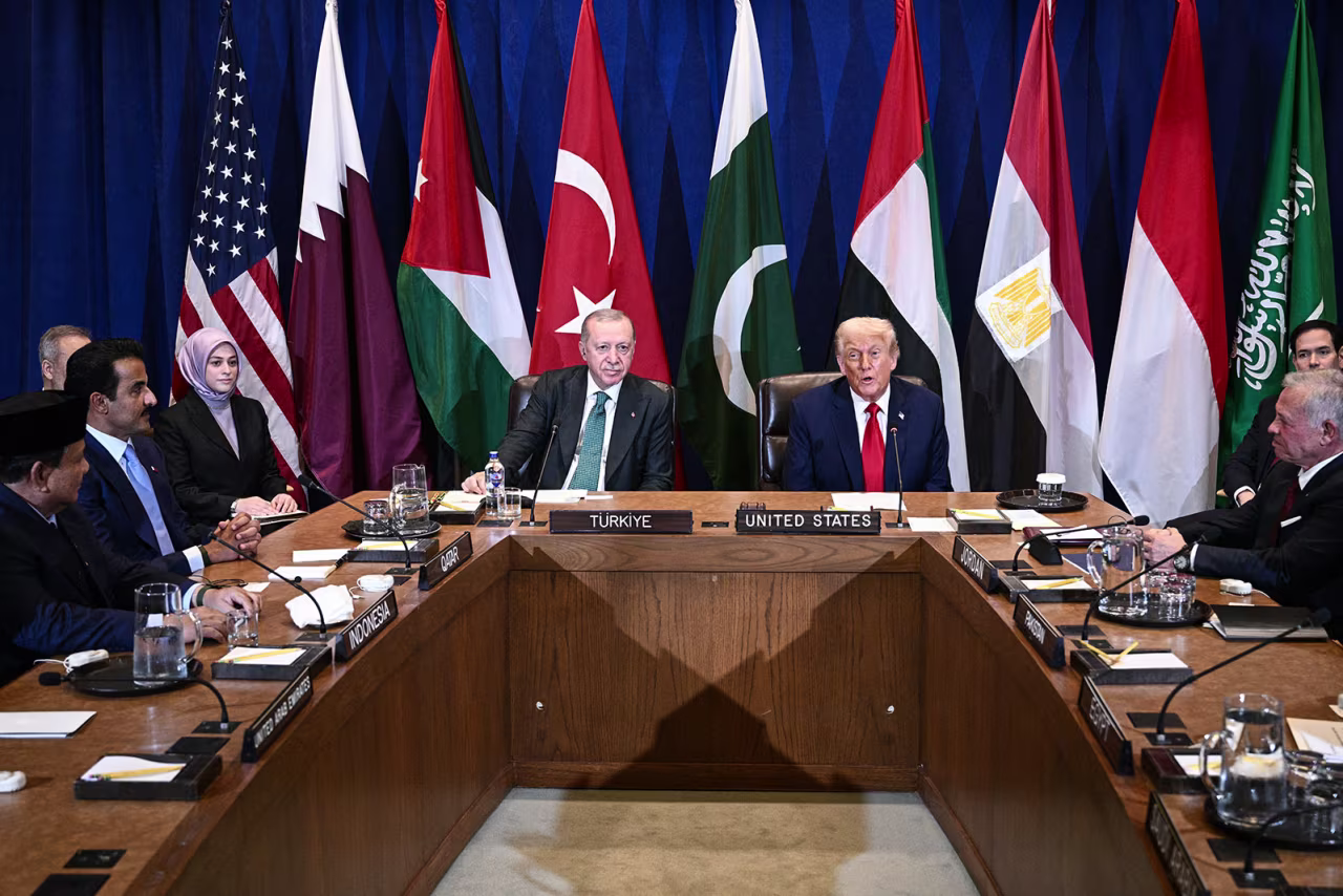 US President Donald Trump, alongside Turkey's President Recep Tayyip Erdogan, speaks during a multilateral meeting to discuss the situation in Gaza, on the sidelines of the United Nations General Assembly in New York on Tuesday.