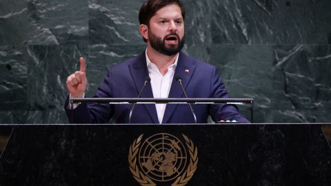 Chile's President Gabriel Boric speaks during the General Debate of the United Nations General Assembly at the UN headquarters in New York City on September 23, 2025. (Photo by Leonardo MUNOZ / AFP) (Photo by LEONARDO MUNOZ/AFP via Getty Images)          