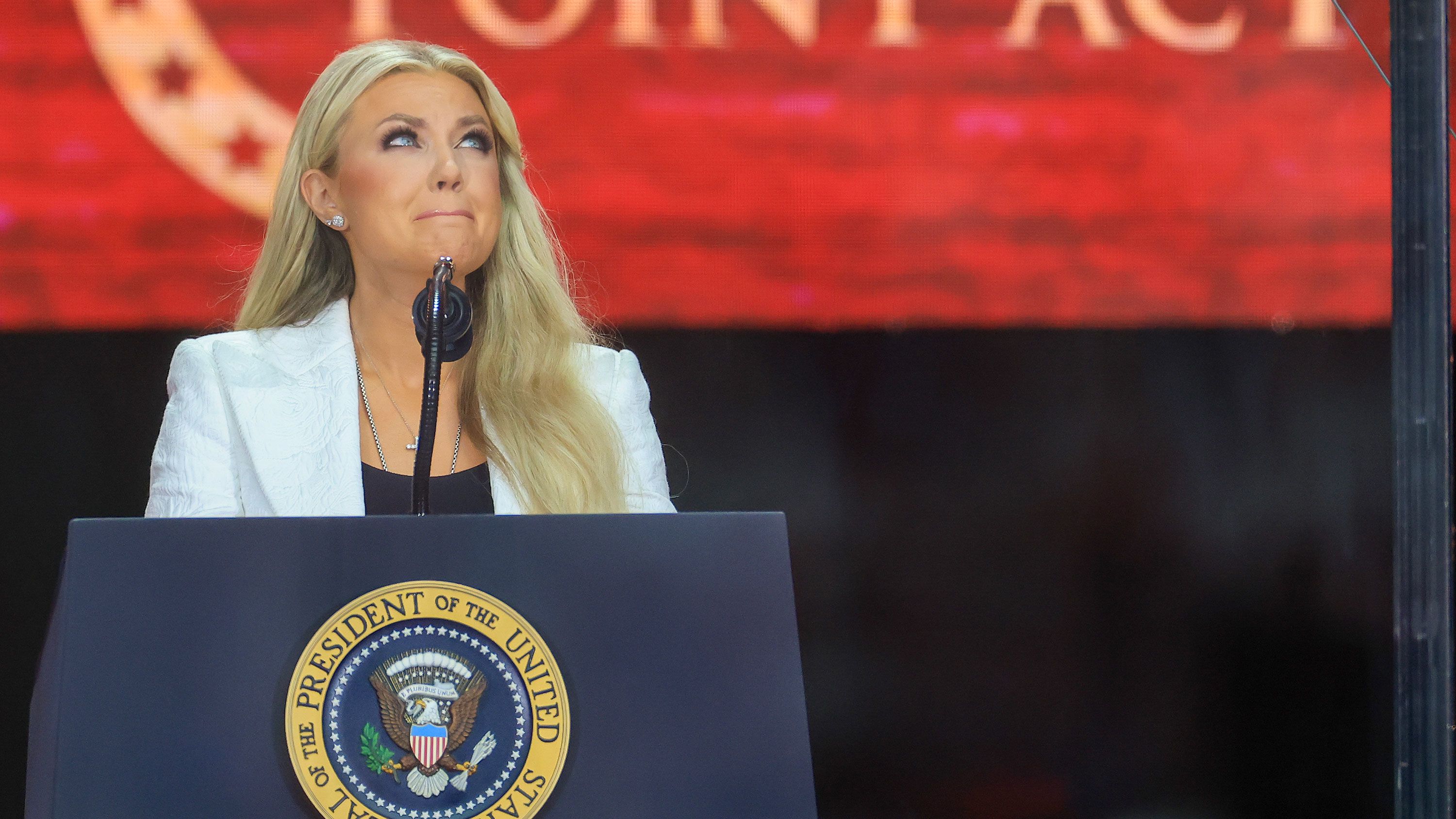 GLENDALE, ARIZONA - SEPTEMBER 21: Mrs. Erika Kirk speaks during the memorial service for her husband, political activist Charlie Kirk at State Farm Stadium on September 21, 2025 in Glendale, Arizona. Kirk, the CEO and co-founder of Turning Point USA, was shot and killed on September 10th while speaking at an event during his 