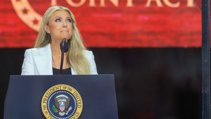 GLENDALE, ARIZONA - SEPTEMBER 21: Mrs. Erika Kirk speaks during the memorial service for her husband, political activist Charlie Kirk at State Farm Stadium on September 21, 2025 in Glendale, Arizona. Kirk, the CEO and co-founder of Turning Point USA, was shot and killed on September 10th while speaking at an event during his 