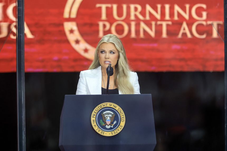 Erika Kirk speaks during the memorial service for her husband, political activist Charlie Kirk at State Farm Stadium on September 21 in Glendale, Arizona.