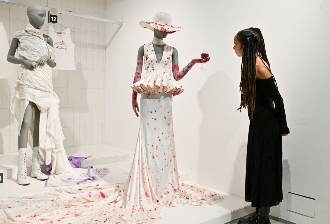 Wun's wine-stained dress from his debut Spring-Summer 2023  haute couture collection is one of the pieces on display at 