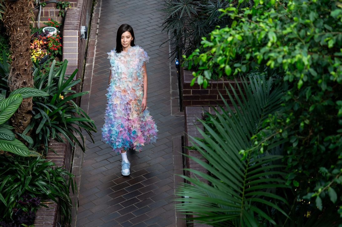 Susan Fang showed her 3D-printed patchwork petal dresses in the leafy conservatory of the Barbican.