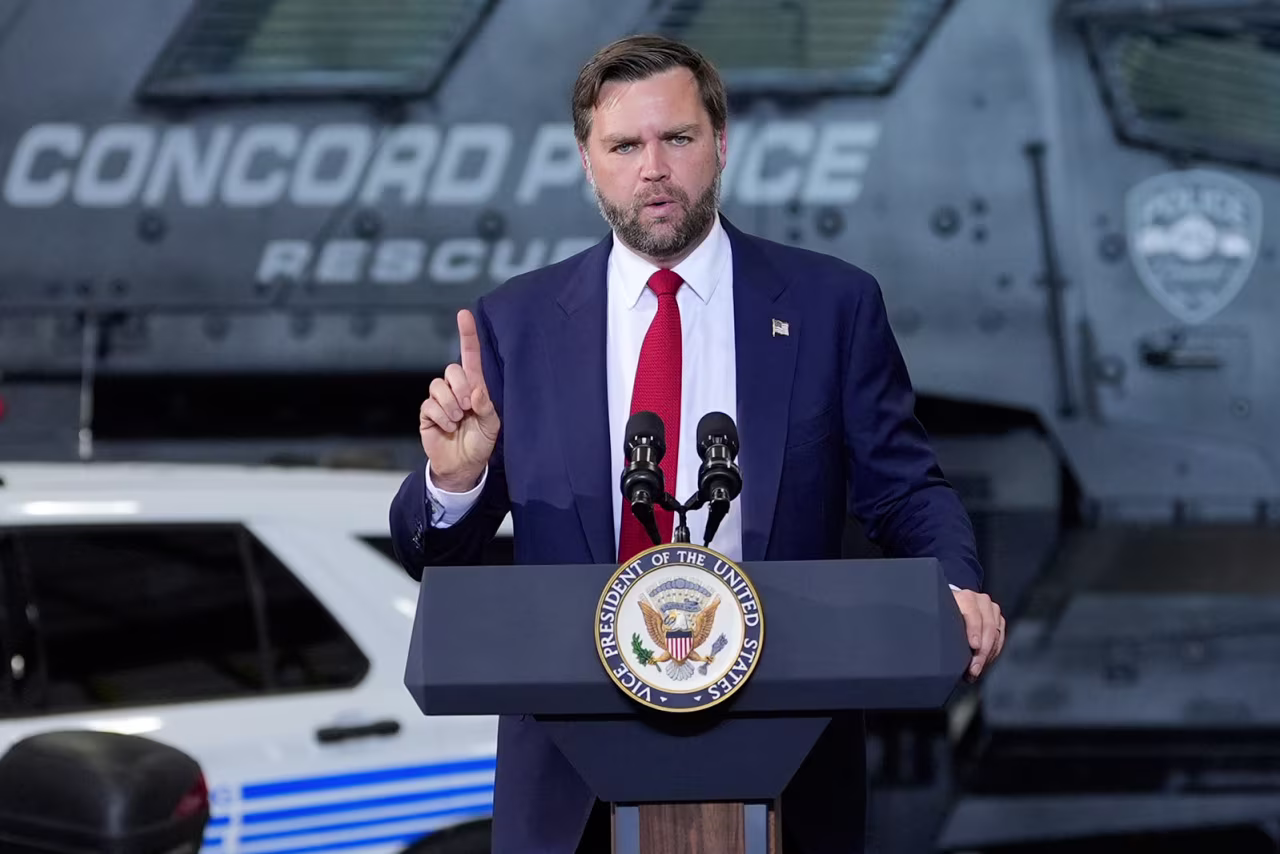 Vice President JD Vance speaks at ConcordPadgett Regional Airport on Wednesday, in Concord, North Carolina.