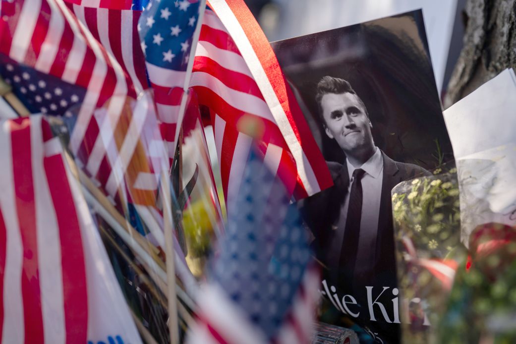 A memorial for Charlie Kirk is seen in Wheeling, Illinois, on September 16.