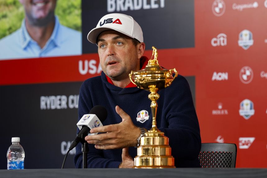 Keegan Bradley talks to the media during a Ryder Cup news conference on Monday.