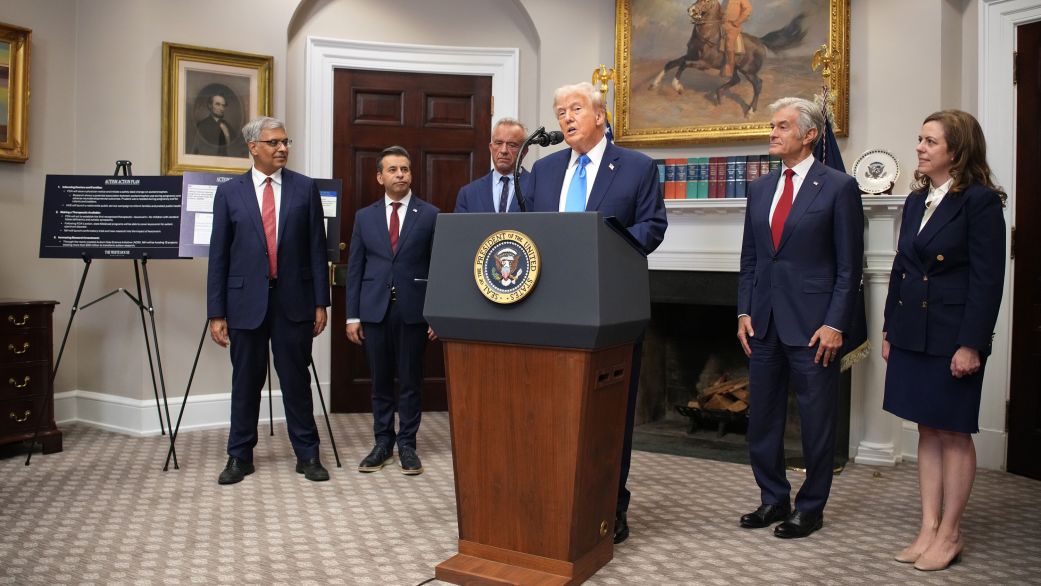 WASHINGTON, DC - SEPTEMBER 22: U.S. President Donald Trump speaks during an announcement on “significant medical and scientific findings for America’s children” in the Roosevelt Room of the White House on September 22, 2025 in Washington, DC. Federal health officials suggested a link between the use of acetaminophen during pregnancy as a risk of autism. Trump was joined by (L-R), Director of the National Institutes of Health Jay Bhattacharya,  Food and Drug Administration Commissioner Dr. Marty Makary, Health and Human Services Secretary Robert F. Kennedy Jr., Administrator of the Centers for Medicare & Medicaid Services (CMS) Dr. Mehmet Oz and Acting Assistant Health and Human Services Secretary Dorothy Fink. (Photo by Andrew Harnik/Getty Images)