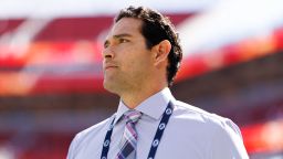 SANTA CLARA, CALIFORNIA - SEPTEMBER 21: NFL broadcaster Mark Sanchez stands on the field prior to an NFL football game between the Arizona Cardinals and the San Francisco 49ers at Levi's Stadium in Santa Clara, California, on September 21, 2025.