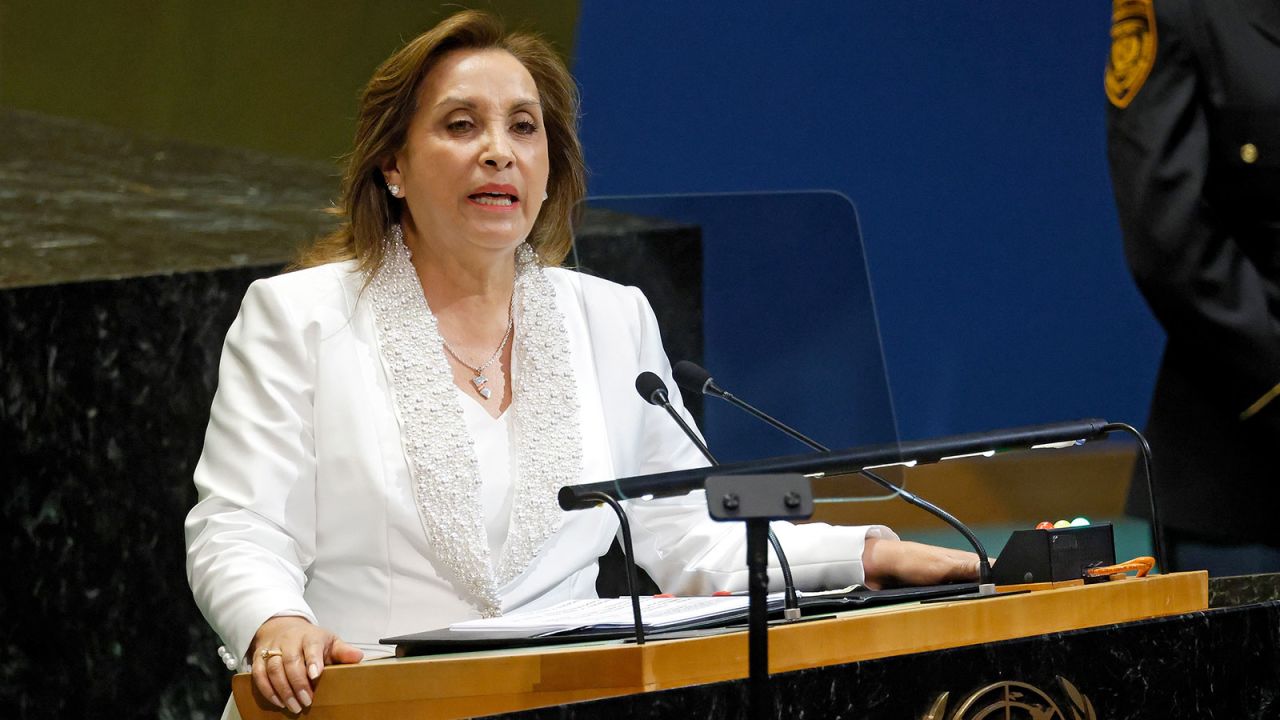 President of Peru Dina Boluarte speaks during the 80th session of the UN’s General Assembly (UNGA) at the United Nations headquarters in New York, on September 23, 2025