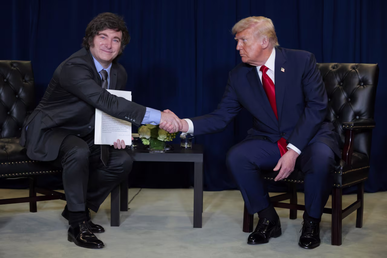 President Donald Trump shakes hands with Argentina's President Javier Milei during a bilateral meeting at the United Nations General Assembly on September 23.