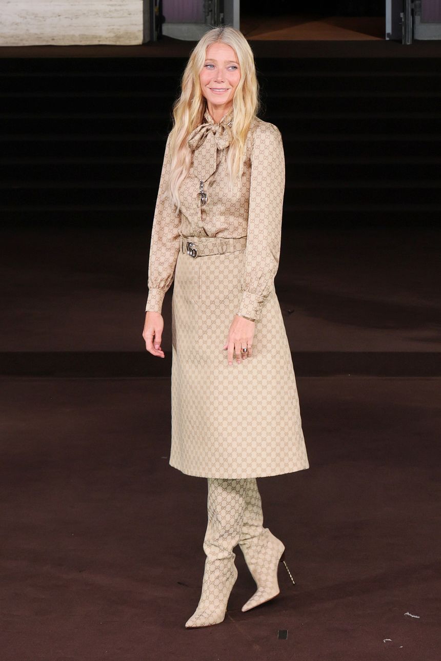 Almost every inch of Paltrow's Gucci outfit was monogrammed in a new sartorial direction for the star.