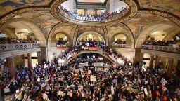 Demonstrators gather at the Missouri Statehouse in Jefferson City on September 10 to protest the legislature's efforts to change the state's congressional district maps.