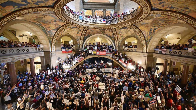 Demonstrators gather at the Missouri Statehouse in Jefferson City on September 10 to protest the legislature's efforts to change the state's congressional district maps.