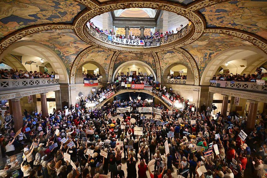 Demonstrators gather at the Missouri Statehouse in Jefferson City on September 10 to protest the legislature's efforts to change the state's congressional district maps.