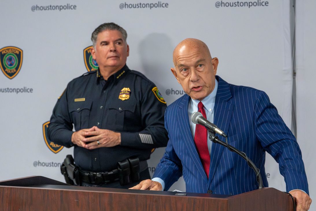 Mayor John Whitmire, with Houston Police Chief J. Noe Diaz, comments on a recent number of bodies found in Houston bayous during a news conference in Houston on September 23.