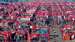 Containers pile up at Qingdao Port Qianwan Container Terminal in Shandong Province, China, on September 25, 2025.