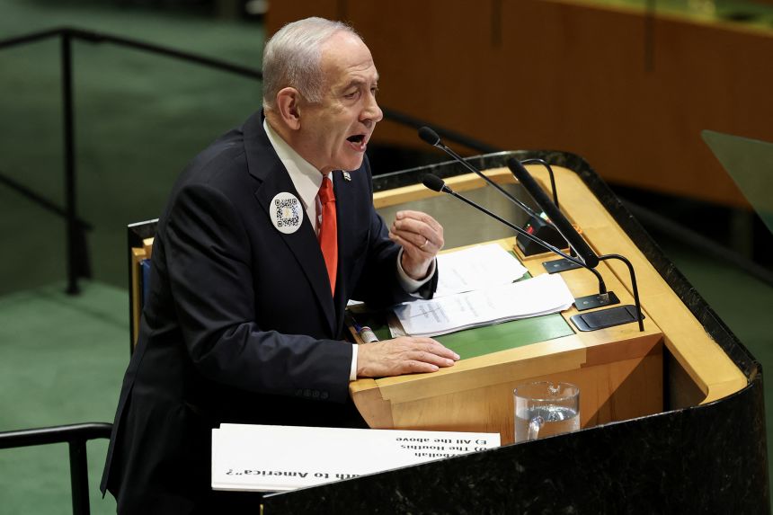 Israeli Prime Minister Benjamin Netanyahu speaks during the United Nations General Assembly at UN headquarters in New York City on Friday.