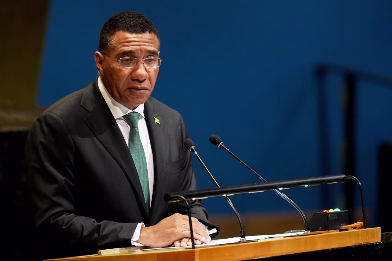 Andrew Holness, Jamaica's prime minister, speaks during the United Nations General Assembly (UNGA) in New York on September 26.
