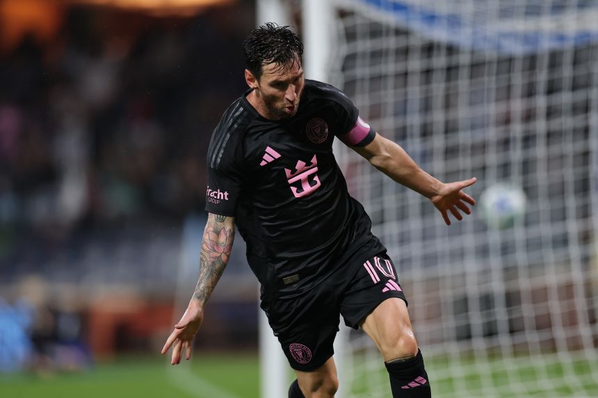 Lionel Messi celebrates after scoring Inter Miami's fourth goal against New York City FC.