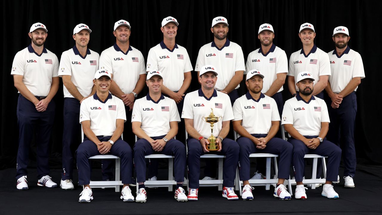FARMINGDALE, NEW YORK - SEPTEMBER 25: (back row L-R) Patrick Cantlay, Russell Henley, Bryson DeChambeau, Harris English, Scottie Scheffler, Sam Burns, Ben Griffin, Cameron Young (bottom row L-R) Collin Morikawa, Justin Thomas, Captain Keegan Bradley, Xander Schauffele and J.J. Spaun of Team United States pose for a photo prior to the Ryder Cup 2025 at Black Course at Bethpage State Park Golf Course on September 25, 2025 in Farmingdale, New York. (Photo by Jamie Squire/Getty Images)