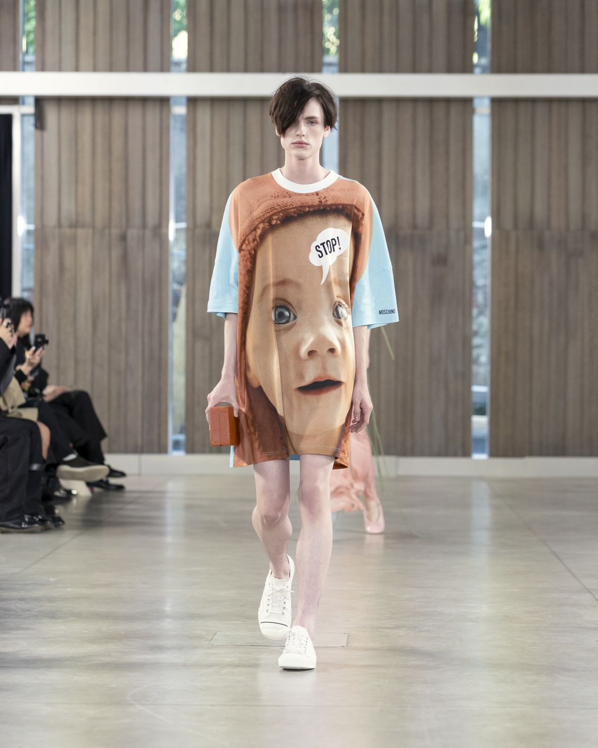 A model walks the runway at the Moschino show during Milan Fashion Week on September 25.