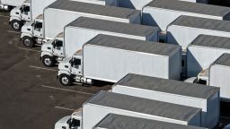In an aerial view, brand new trucks are displayed at TEC Equipment on September 26, 2025, in Dixon, California.