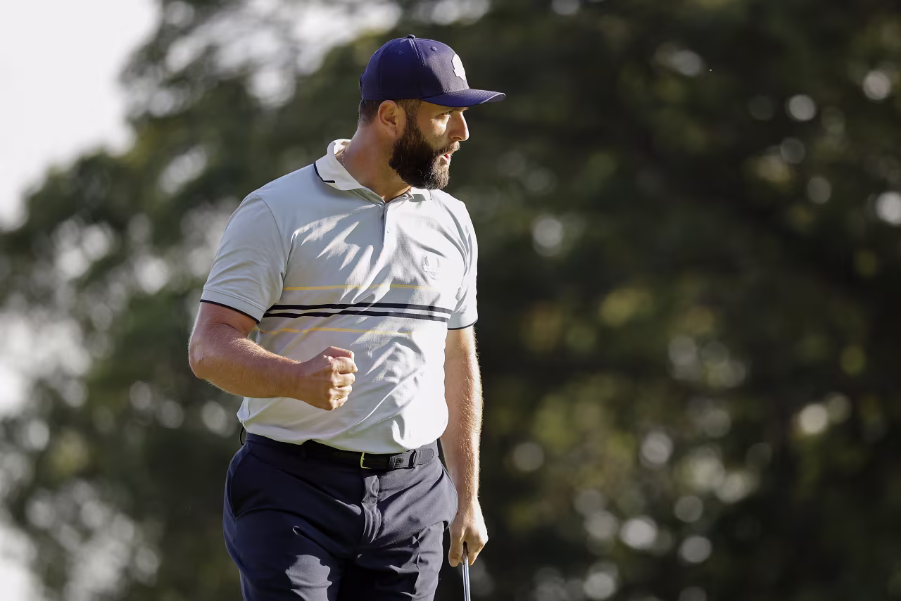 Jon Rahm reacts after making a birdie on No. 15.