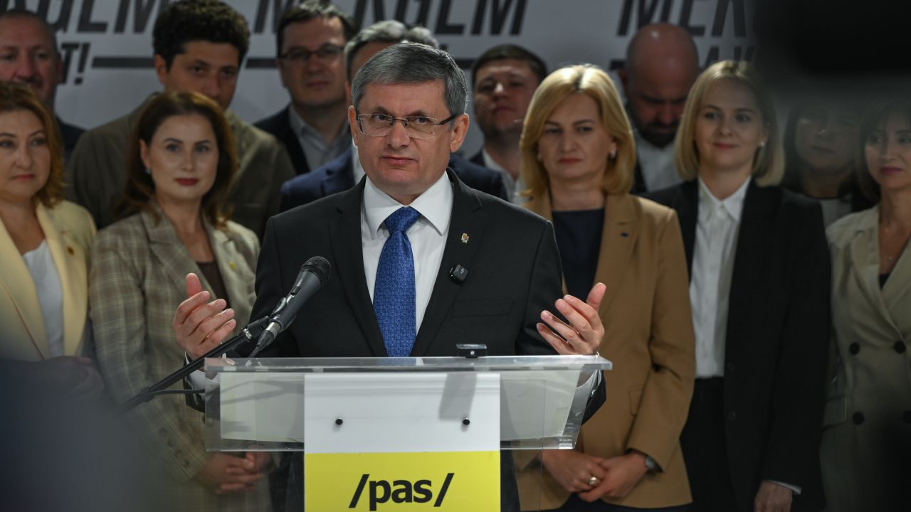 Igor Grosu, the leader of the pro-European Party of Action and Solidarity (PAS), speaks to the media during a press conference the day after Moldova's parliamentary elections, in Chisinau, Moldova, on September 29, 2025.