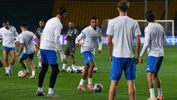 Real Madrid's French forward #10 Kylian Mbappe (C) and Real Madrid players take part in a training session on the eve of the team's UEFA Champions League first round day 2 football match between Real Madrid (ESP) and Kairat Almaty (KAZ), at Almaty Ortalyk stadion in Almaty on September 29, 2025.