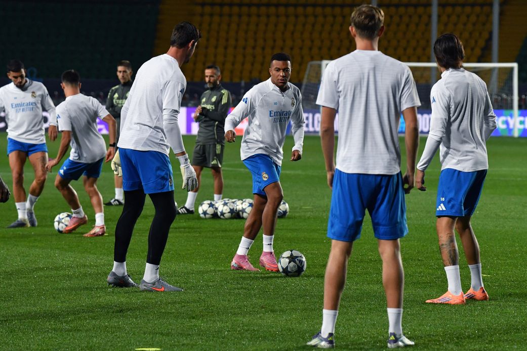 Real Madrid's Kylian Mbappé trains ahead of the Champions League match against Kairat Almaty.