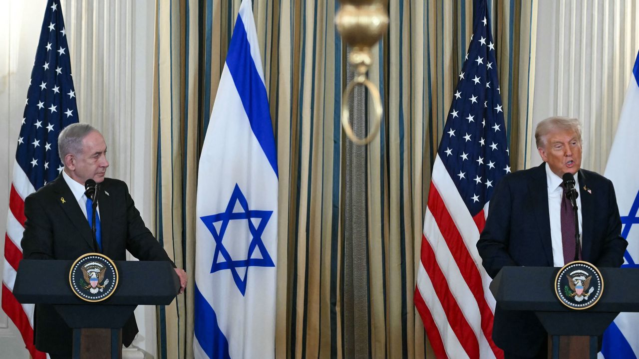 US President Donald Trump and Israeli Prime Minister Benjamin Netanyahu (L) participate in a press conference in the State Dining Room of the White House in Washington, DC on September 29, 2025. Gaza residents would not be forcibly displaced and President Donald Trump would head a transitional body under a peace plan released publicly Monday by the White House. (Photo by ANDREW CABALLERO-REYNOLDS / AFP) (Photo by ANDREW CABALLERO-REYNOLDS/AFP via Getty Images)          