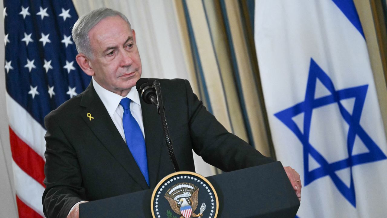 Israeli Prime Minister Benjamin Netanyahu participates in a press conference with US President Donald Trump (off frame) in the State Dining Room of the White House in Washington, DC on September 29, 2025. (Photo by ANDREW CABALLERO-REYNOLDS / AFP) (Photo by ANDREW CABALLERO-REYNOLDS/AFP via Getty Images)          