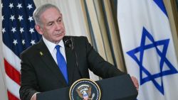 Israeli Prime Minister Benjamin Netanyahu participates in a press conference with US President Donald Trump (off frame) in the State Dining Room of the White House in Washington, DC on September 29, 2025. (Photo by ANDREW CABALLERO-REYNOLDS / AFP) (Photo by ANDREW CABALLERO-REYNOLDS/AFP via Getty Images)          