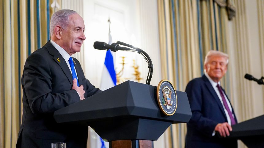 Israeli Prime Minister Benjamin Netanyahu and US President Donald Trump attend a news conference at the White House on Monday.