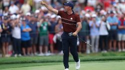 FARMINGDALE, NEW YORK - SEPTEMBER 27: Rory McIlroy of Team Europe yells to the crowd as he walks off the 17th hole green during the Saturday afternoon four-balls matches of the 2025 Ryder Cup at Black Course at Bethpage State Park Golf Course on September 27, 2025 in Farmingdale, New York. (Photo by Carl Recine/Getty Images)