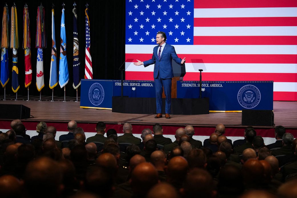 Secretary of Defense Pete Hegseth addresses senior military officers at Marine Corps Base Quantico on Tuesday.