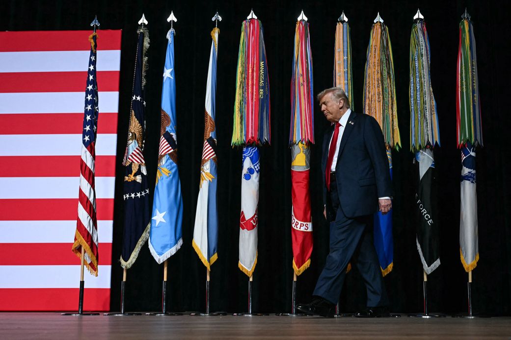 President Donald Trump arrives to address senior military officers gathered at Marine Corps Base Quantico on Monday.