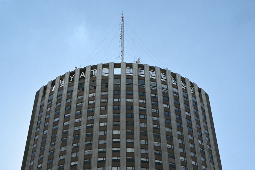 The top of the Hyatt Regency Paris Etoile Hotel at Porte Maillot in Paris.