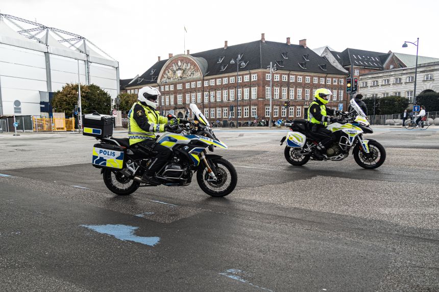 Police officers on motorbikes in front of Christiansborg Palace ahead of the informal meeting of European Union leaders in Copenhagen, Denmark, on September 30, 2025.