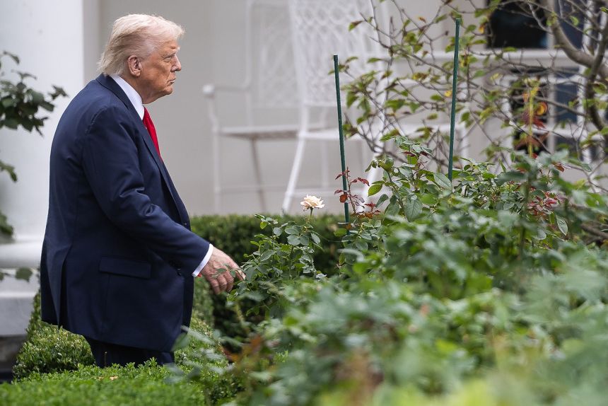 US President Donald Trump walks in the Rose Garden of the White House after arriving on Marine One in Washington, DC, US, on Tuesday, Sept. 30, 2025.