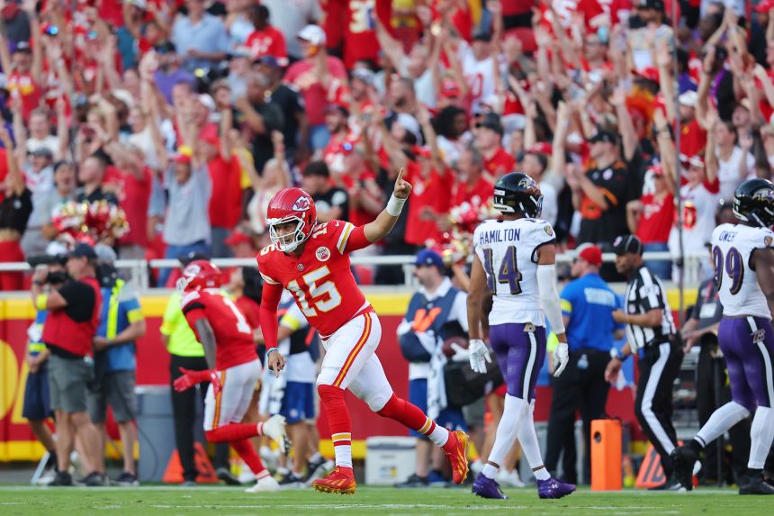 Patrick Mahomes celebrates a Kansas City touchdown against the Ravens