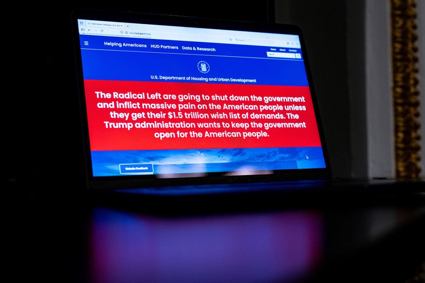 A shutdown message on the Housing and Urban Development  website, arranged on a laptop at the US Capitol in Washington, DC, on Tuesday.