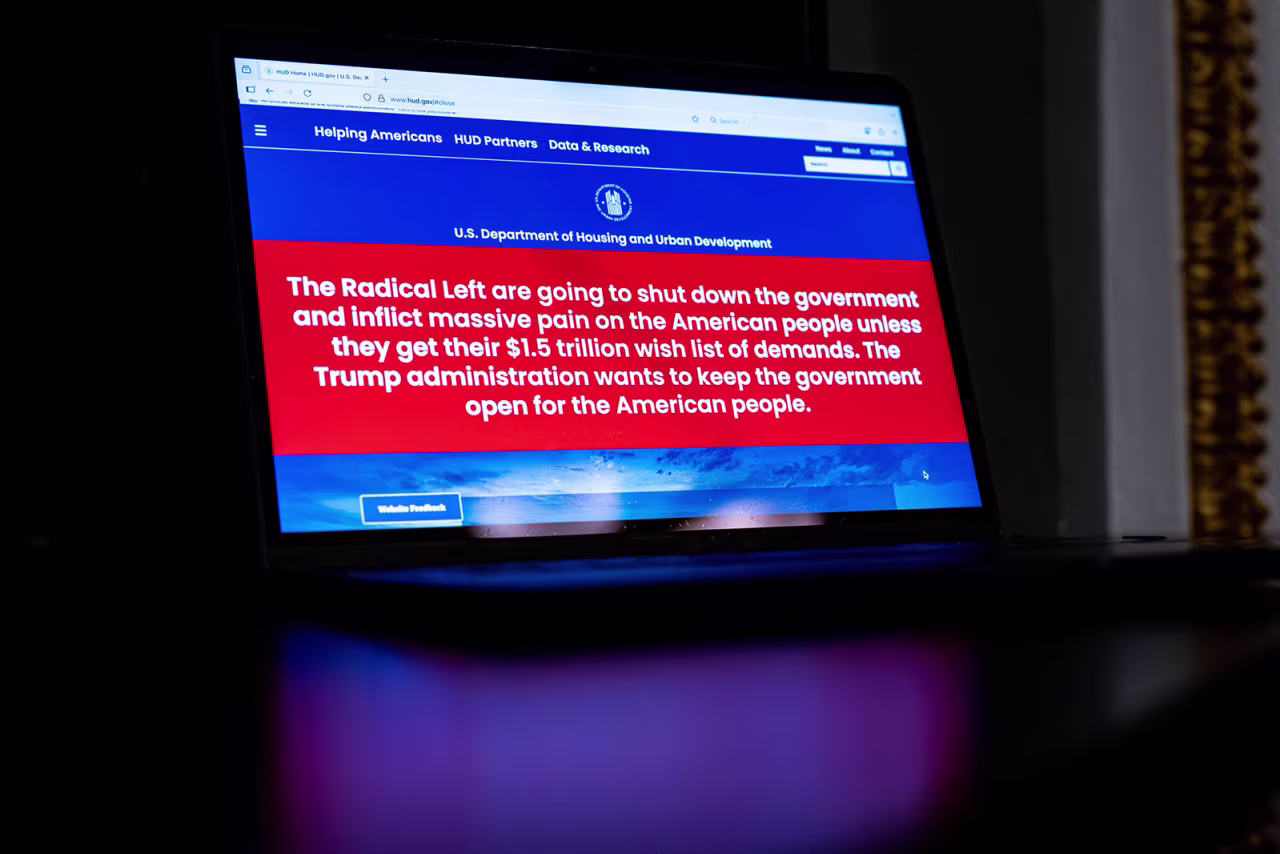 A shutdown message on the Housing and Urban Development website, arranged on a laptop at the US Capitol in Washington, DC, on Tuesday.