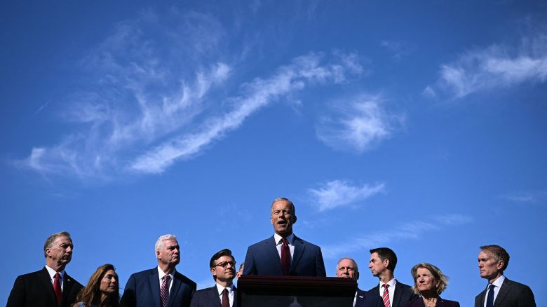 Senate Majority Leader John Thune speaks during a news conference with Republican Congressional leadership outside the US Capitol on October 1, 2025, the first day of the government shutdown.