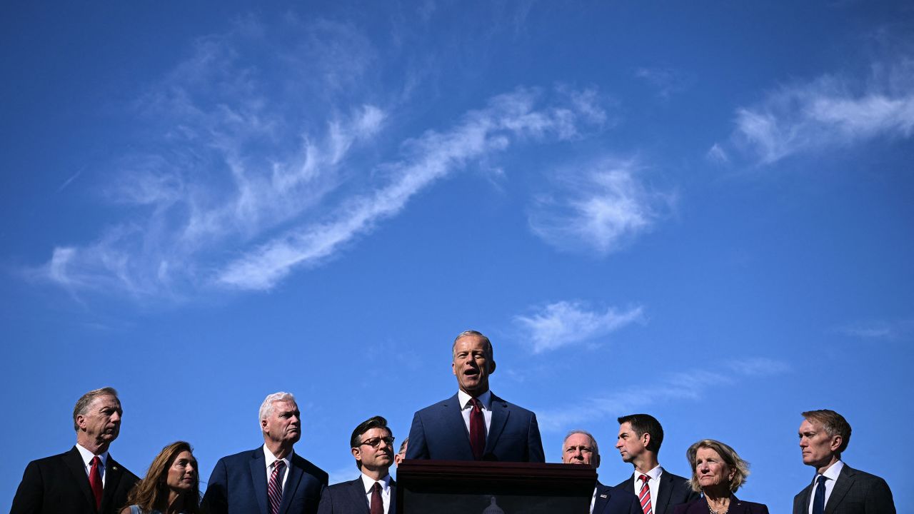 Senate Majority Leader John Thune speaks during a news conference with Republican Congressional leadership outside the US Capitol on October 1, 2025, the first day of the government shutdown.