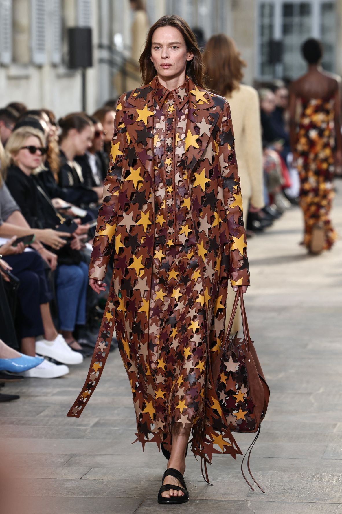 Belgian model Elise Crombez walks the runway for Gabriela Hearst at Paris Fashion Week.