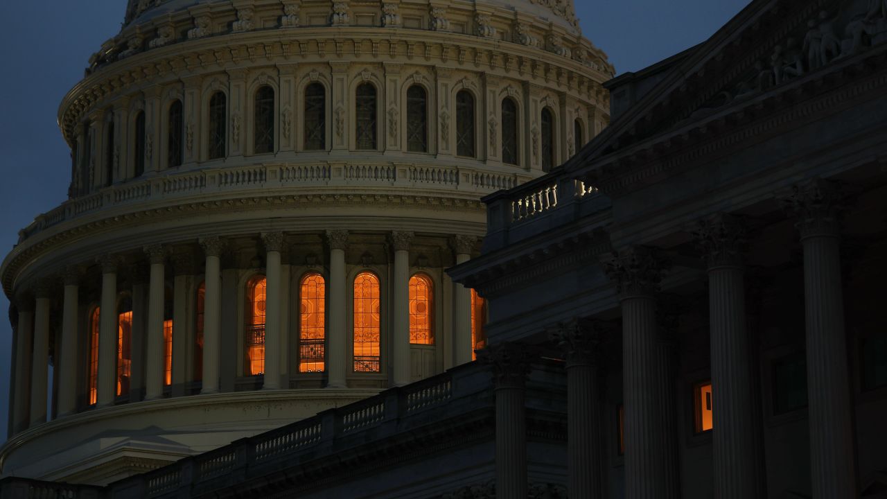 A view of the U.S. Capitol as the sun sets on September 29, 2025 in Washington, DC. House and Senate leadership met with President Donald Trump earlier in the day at the White House to try and avoid a government shutdown at midnight September 30.