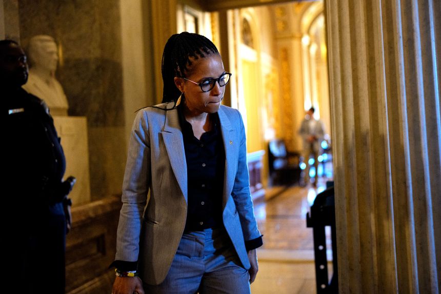 Sen. Angela Alsobrookswalks out of the Senate Chamber of the US Capitol Building on October 1, 2025.