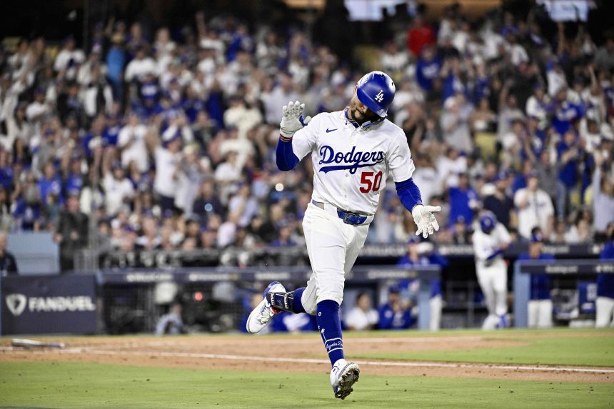 Mookie Betts after hitting a RBI single at Dodger Stadium in Los Angeles on Wednesday.